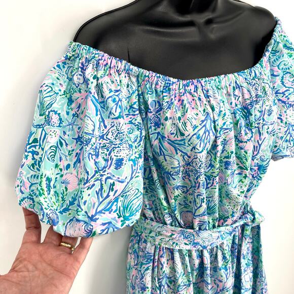 Lilly Pulitzer NEW Tamie Off The Shoulder Dress SZ XL Surf Blue Soleil It on Me - Picture 2 of 14